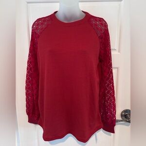 Cupshe Maroon Laced Long Sleeve Ribbed Knit Crew Neck Pullover Top Sz Small. NWT
